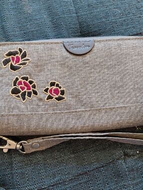 Travelon Gray Crossbody with Pink and Black Floral Appliqué